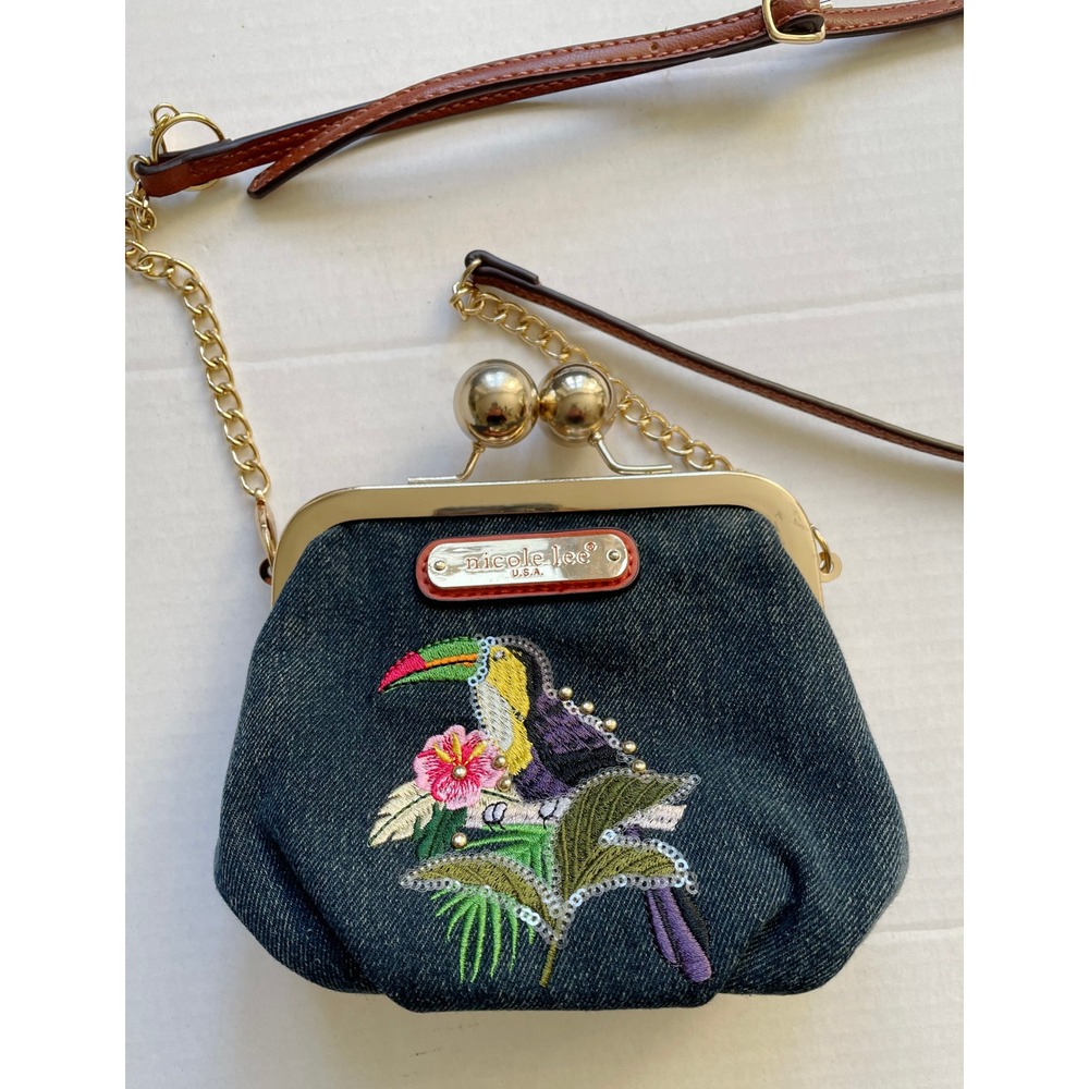 Nicole Lee USA Denim Toucan Embroidered Kiss Lock Crossbody Bag Pink Polka Dot